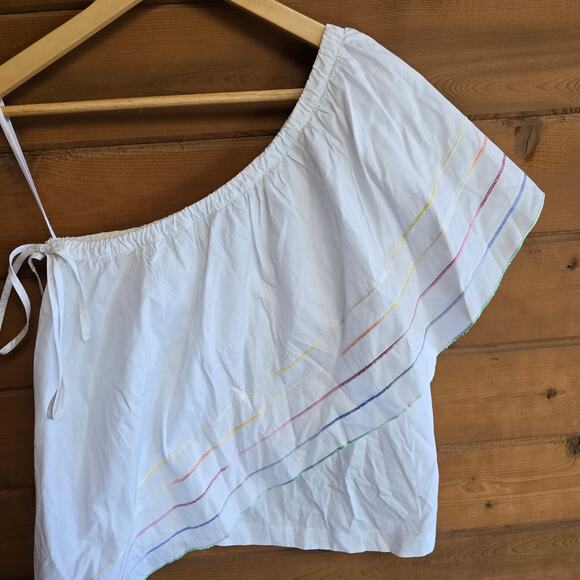 Central Park West Blouse Asymmetrical One Shoulder Top Small Rainbow Beach Prep - Picture 3 of 7